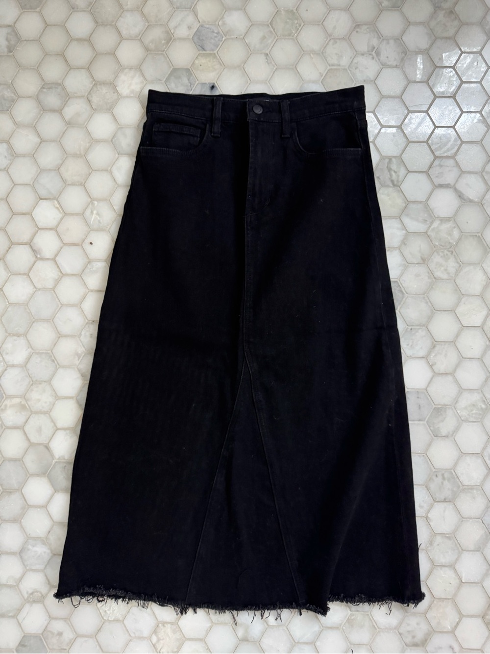 Joe’s Jeans Black A-Line Denim Maxi Skirt, Size 27, Raw Hem